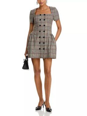 NEW SELF-PORTRAIT Check Wool Mini Dress Brown Size 2